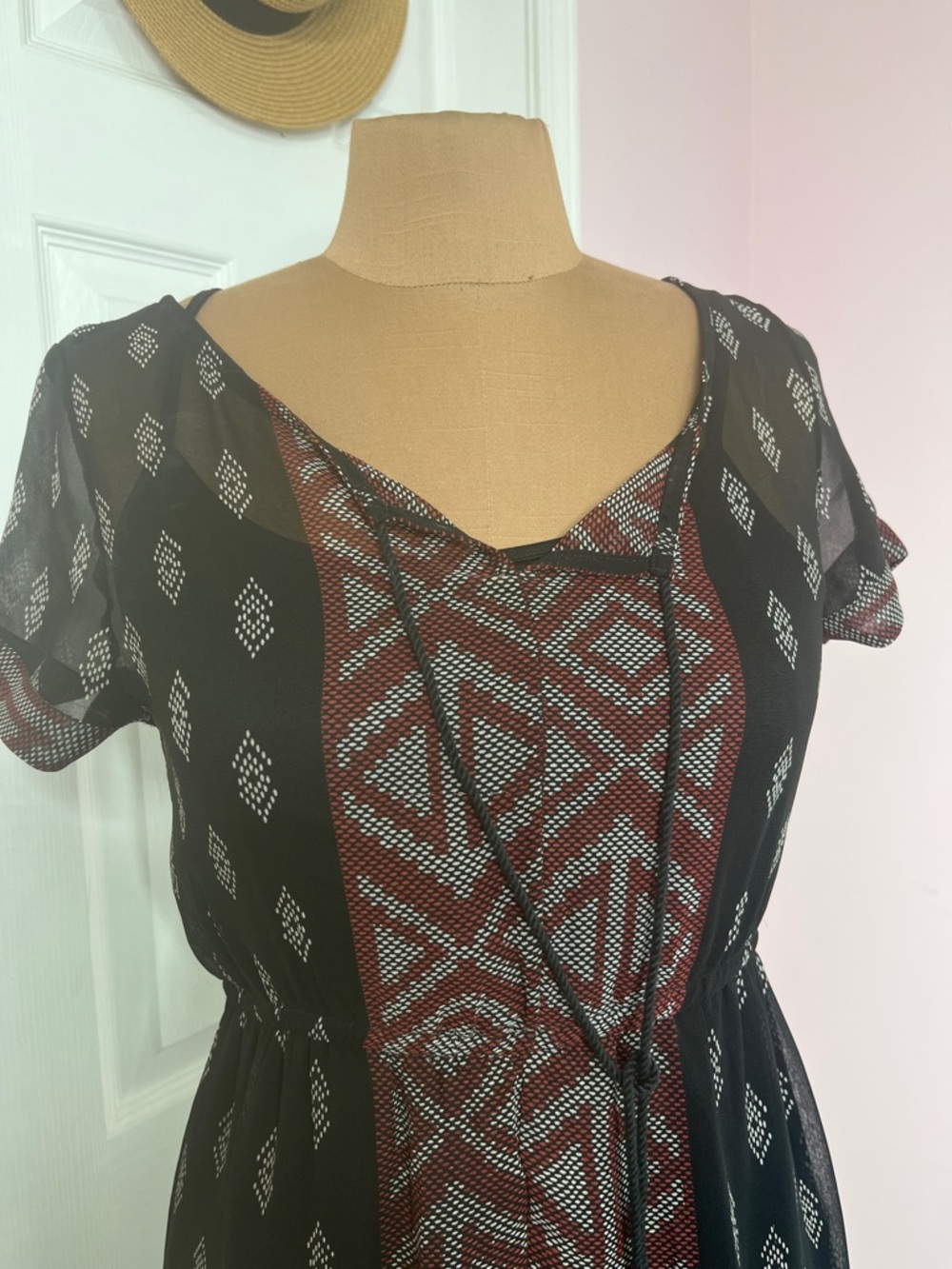 Geo Southwest Print Dress Sheer Black Maroon White Maxi Size Small